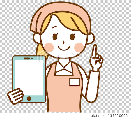 Illustration of a female supermarket clerk holding a tablet and giving directions 137350693