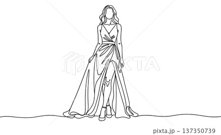 Princess wedding dress elegant gown line drawing fashion illustration 137350739