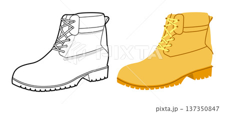 Yellow padded collar work boot women color plus line set. Lug sole lace boot for footwear catalog and branding project.  137350847