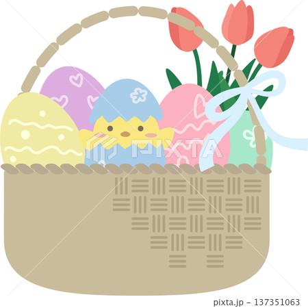 イースターの卵とひよこのバスケットイラスト素材 137351063