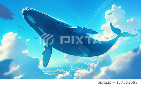 夏の青空と空飛ぶクジラ、アニメ風 137351065