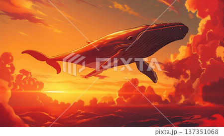夕焼けの空飛ぶクジラ、アニメ風 137351068