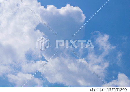 Bright blue sky is filled with large, white, puffy cumulus clouds. The scene is peaceful and sunny, showcasing natural beauty. Nature background. Bright blue sky is filled with large, white, puffy cumulus clouds. The scene is peaceful and sunny, showcasing natural beauty. Nature background. 137351200