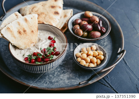 Traditional vegan arabic eggplant appetize Aubergine dip - Baba Ghanoush Traditional vegan arabic eggplant appetize Aubergine dip - Baba Ghanoush 137351390