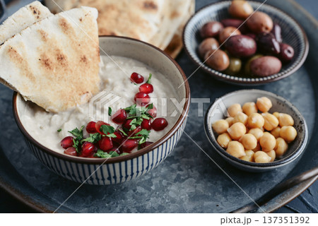 Traditional vegan arabic eggplant appetize Aubergine dip - Baba Ghanoush Traditional vegan arabic eggplant appetize Aubergine dip - Baba Ghanoush 137351392