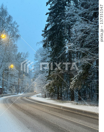 Snowy asphalt road winds through forest, lined with snow covered trees. Streetlights cast a warm glow on wintry scene. Tranquil winter evening. Vertical photography. 137351547