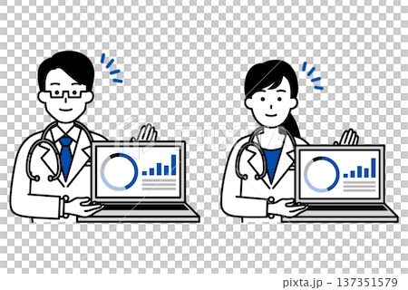 Set of male and female doctors showing graphs on laptop screen Set of male and female doctors showing graphs on laptop screen 137351579