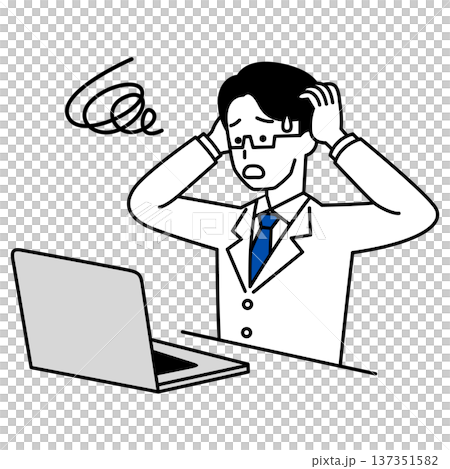 ノートパソコンでの仕事でトラブルになる医師の男性 ノートパソコンでの仕事でトラブルになる医師の男性 137351582