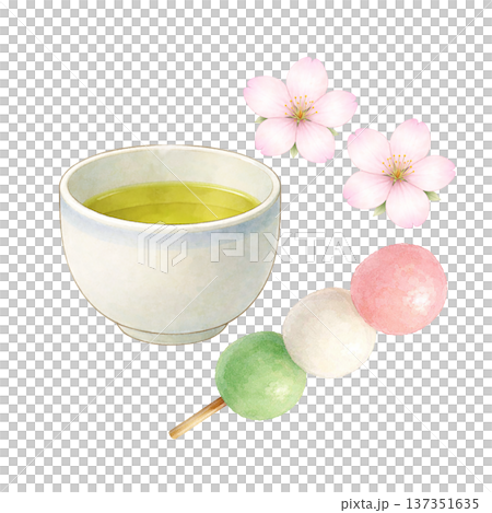 綠茶、三色餃子和櫻花水彩插畫，春季賞櫻素材 137351635