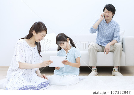リビングでタブレットを操作する家族 137352947