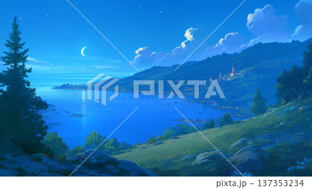 夜の湖、アニメ風 137353234