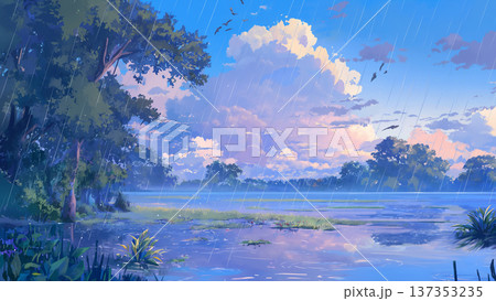 朝方の雨の湖、アニメ風 137353235