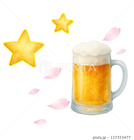 ビールと桜の花びら 水彩イラスト 春の乾杯素材 137353477