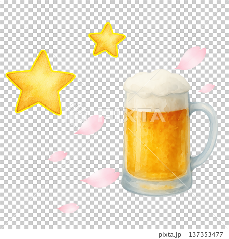 啤酒和櫻花花瓣水彩插畫，春日祝酒素材 137353477