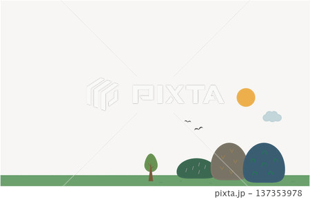ステッチ風の自然風景イラスト　山と木と雲と月の横長ナチュラル背景 137353978