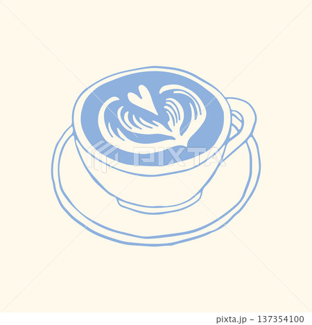 Hand drawn coffee cup with latte art on plate in minimalist blue line style. Elegant cafe vector illustration perfect for restaurant menu, coffee branding, packaging and lifestyle design 137354100
