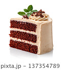 Slice of Red Velvet Cake with Whipped Cream Topping and Mint Garnish on White Background 137354789