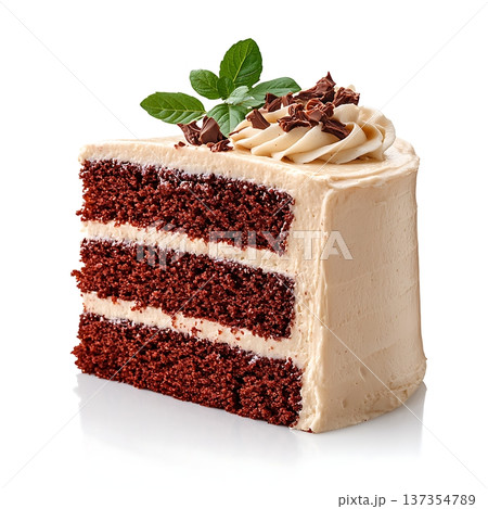Slice of Red Velvet Cake with Whipped Cream Topping and Mint Garnish on White Background 137354789