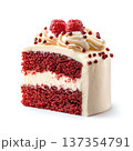 Delicious Red Velvet Cake Slice with Cream Cheese Frosting and Fresh Raspberries on Top 137354791