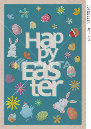 Happy Easter greeting card, poster or banner defect printing on old roneo paper rough texture blue color vertical backgroun Happy Easter greeting card, poster or banner defect printing on old roneo paper rough texture blue color vertical backgroun 137355104