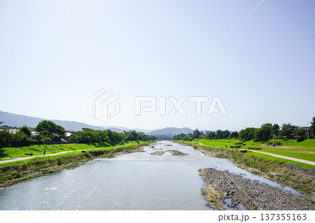 青空の下、川と緑地が広がる爽やかな夏の風景 青空の下、川と緑地が広がる爽やかな夏の風景 137355163