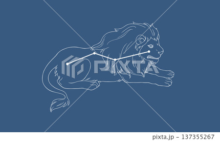 ネイビー色の背景に浮かぶこじし座のイラスト(白線で小獅子の絵と星座線) ネイビー色の背景に浮かぶこじし座のイラスト(白線で小獅子の絵と星座線) 137355267