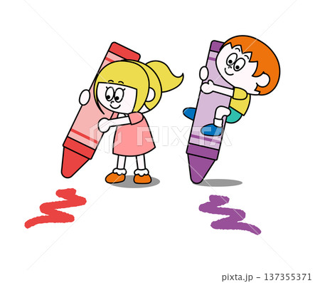 クレヨンで遊ぶ子供のかわいいイラスト クレヨンで遊ぶ子供のかわいいイラスト 137355371