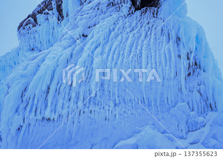 The water in Lake Baikal freezes in bizarre shapes in winter season. 137355623