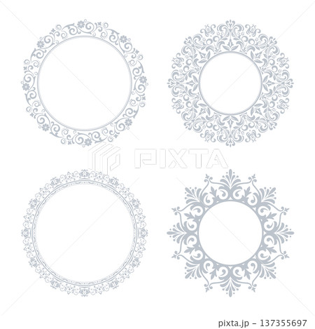 Set of decorative frames Elegant vector element for design in Eastern style, place for text. Floral gray and white frames. Lace illustration for invitations and greeting cards Set of decorative frames Elegant vector element for design in Eastern style, place for text. Floral gray and white frames. Lace illustration for invitations and greeting cards 137355697