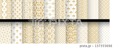 Geometric floral set of seamless patterns. White and golden vector backgrounds. Damask graphic ornaments 137355698