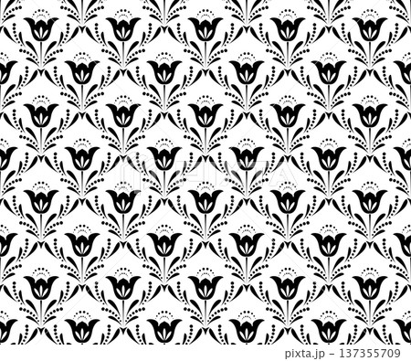 Flower geometric pattern. Seamless vector background. White and black ornament. Ornament for fabric, wallpaper, packaging. Decorative print. Flower geometric pattern. Seamless vector background. White and black ornament. Ornament for fabric, wallpaper, packaging. Decorative print. 137355709