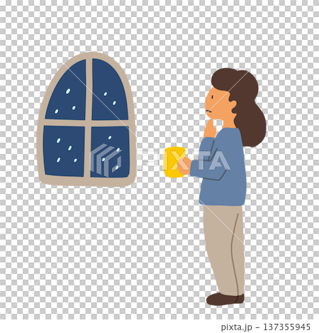 一位憂心忡忡的女子手拿飲料，望著窗外。 137355945