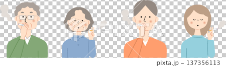 Set of four men and women, both seniors and young people, who smoke 137356113
