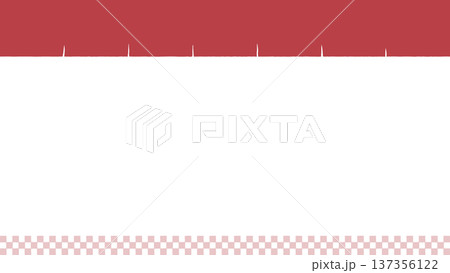 和風デザインの赤い暖簾と市松模様の背景フレーム。お正月、お祝い、和食店やお祭りの告知バナーに最適 137356122