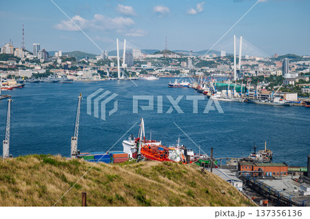 Industrial harbor featuring cargo vessels, towering cranes, vladivostok skyline with russky bridge arching over zolotoy rog bay's waters 137356136