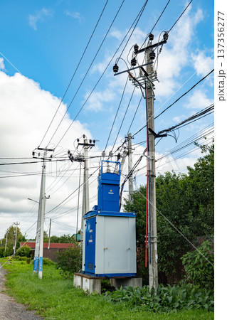 Transformer substation and power lines providing electricity to homes in a rural setting 137356277
