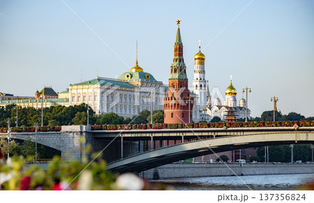 Kremlin architecture and Moskva River bridge, Moscow, Russia, golden summer afternoon Kremlin architecture and Moskva River bridge, Moscow, Russia, golden summer afternoon 137356824