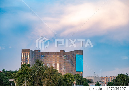 Hotel Cosmos, Moscow, Russia, soviet modernism architecture against a summer sky 137356997
