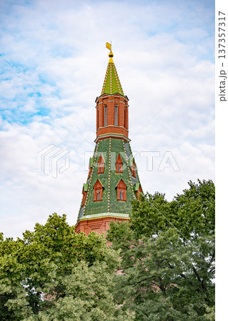 Petrovskaya Tower in Moscow Kremlin against blue sky, historic Russian architecture Petrovskaya Tower in Moscow Kremlin against blue sky, historic Russian architecture 137357317