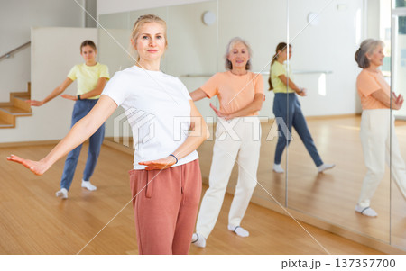 Women enjoying active dances in modern dance studio Women enjoying active dances in modern dance studio 137357700