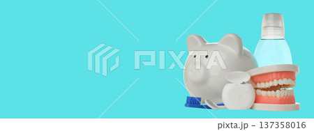 Dental tools and piggy bank show savings on tooth care products 137358016
