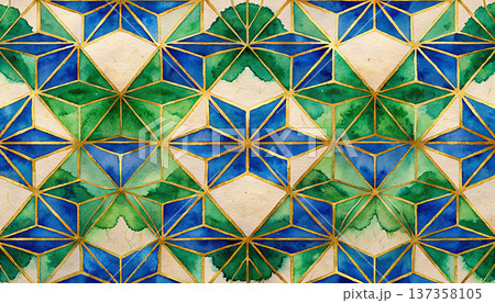 水彩テクスチャと金色の縁取りによる幾何学的な星模様 生成AI 137358105