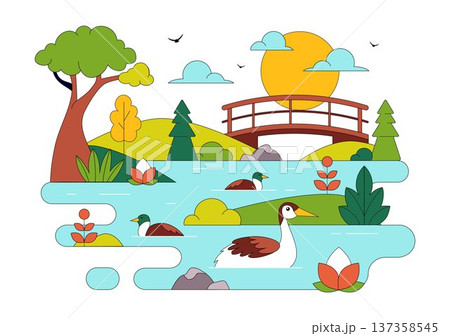River Landscape Vector Illustration featuring Mountain View, Green Fields, Trees, And Forest Surrounding The River In Flat Cartoon Background River Landscape Vector Illustration featuring Mountain View, Green Fields, Trees, And Forest Surrounding The River In Flat Cartoon Background 137358545