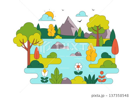 River Landscape Vector Illustration featuring Mountain View, Green Fields, Trees, And Forest Surrounding The River In Flat Cartoon Background River Landscape Vector Illustration featuring Mountain View, Green Fields, Trees, And Forest Surrounding The River In Flat Cartoon Background 137358548