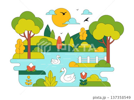 River Landscape Vector Illustration featuring Mountain View, Green Fields, Trees, And Forest Surrounding The River In Flat Cartoon Background River Landscape Vector Illustration featuring Mountain View, Green Fields, Trees, And Forest Surrounding The River In Flat Cartoon Background 137358549