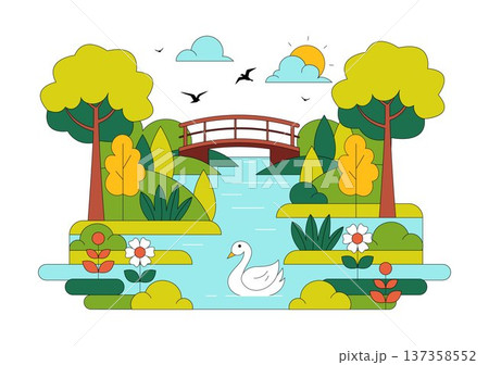 River Landscape Vector Illustration featuring Mountain View, Green Fields, Trees, And Forest Surrounding The River In Flat Cartoon Background River Landscape Vector Illustration featuring Mountain View, Green Fields, Trees, And Forest Surrounding The River In Flat Cartoon Background 137358552
