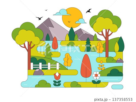 River Landscape Vector Illustration featuring Mountain View, Green Fields, Trees, And Forest Surrounding The River In Flat Cartoon Background 137358553