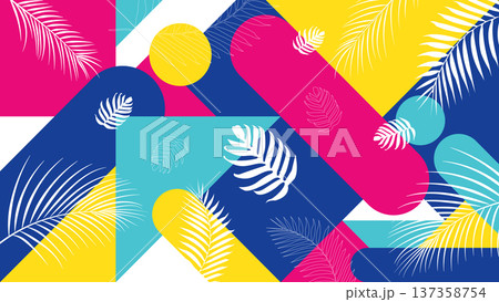 Tropical abstract background summer bold memphis style geometry and exotic white botanical foliage on bright multicolored pattern trendy wallpaper 137358754