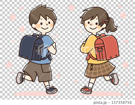 Illustration of an elementary school student carrying a school bag 137358758