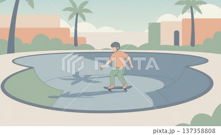 Boy Riding Skateboard on Concrete Plaza Boy Riding Skateboard on Concrete Plaza 137358808